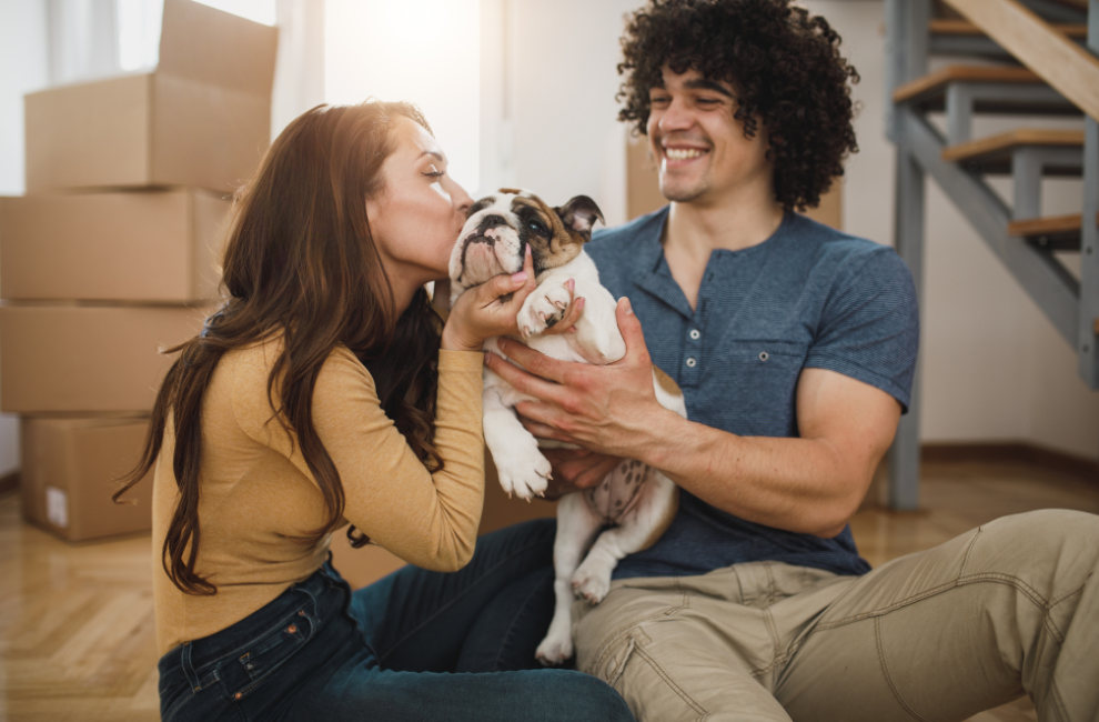 Couple sat on the floor cuddling a bulldog surrounded by moving boxes.